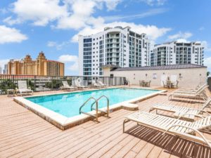 The pool area of a vacation rental in Naples close to area attractions.